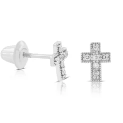 Baby Cross Diamond Earrings 14K