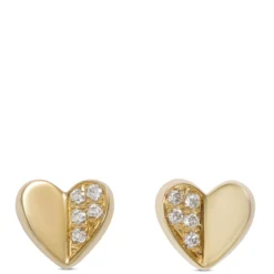Baby Heart Diamond Studs, 14K Yellow Gold