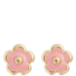 Baby Pink Enamel Flower Screwback Earrings, 14K Yellow Gold