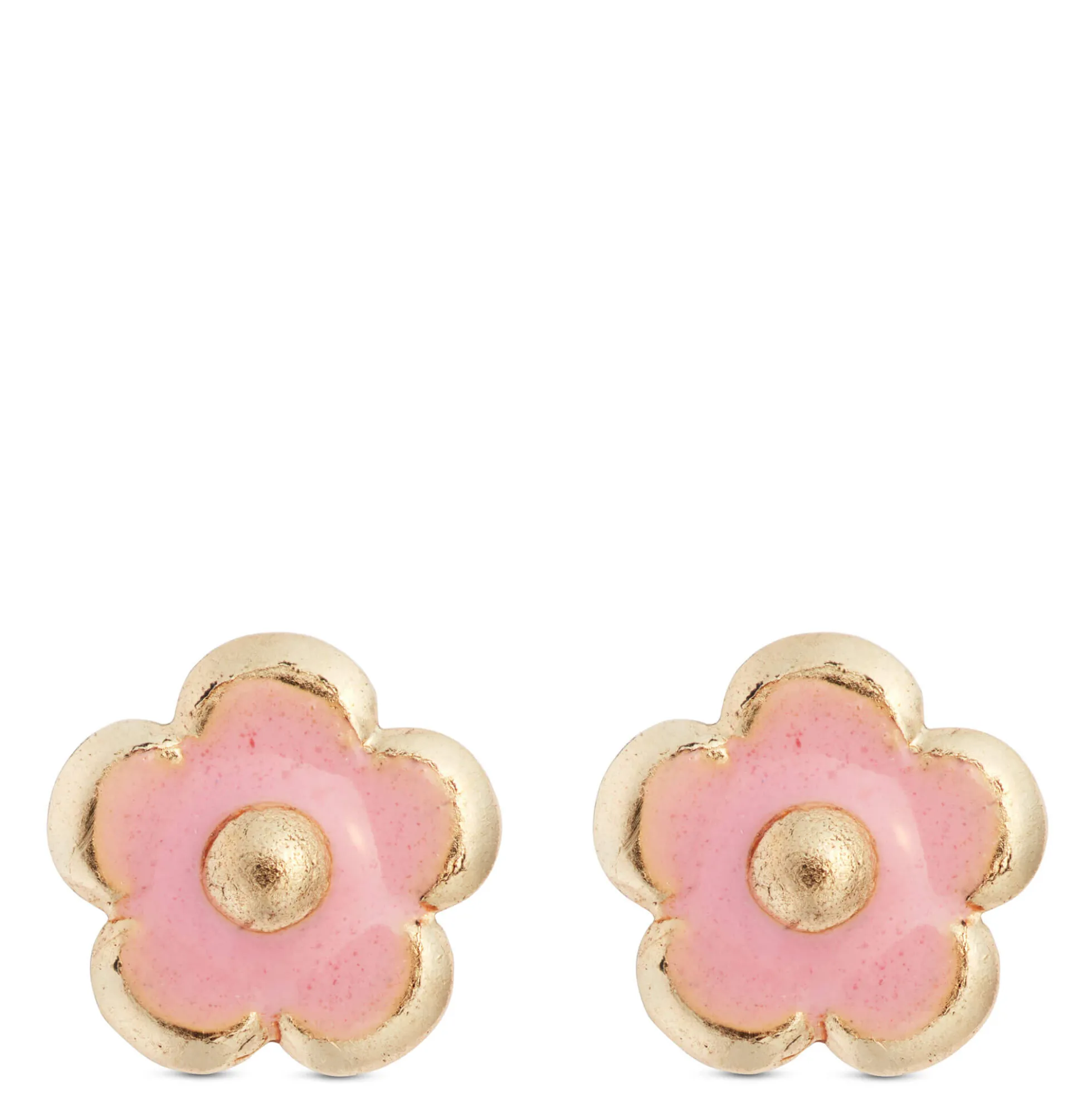 Baby Pink Enamel Flower Screwback Earrings, 14K Yellow Gold