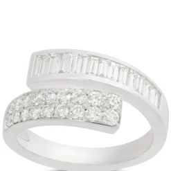 Baguette and Round Cut Diamond Bypass Ring, 14K White Gold