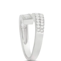 Baguette and Round Cut Diamond Bypass Ring, 14K White Gold