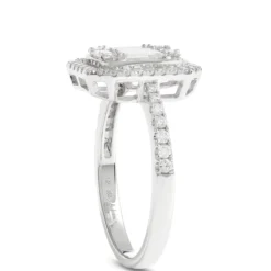 Baguette and Round Cut Halo Diamond Engagement Ring, 14K White Gold