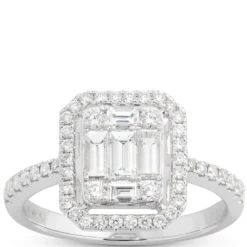 Baguette and Round Cut Halo Diamond Engagement Ring, 14K White Gold