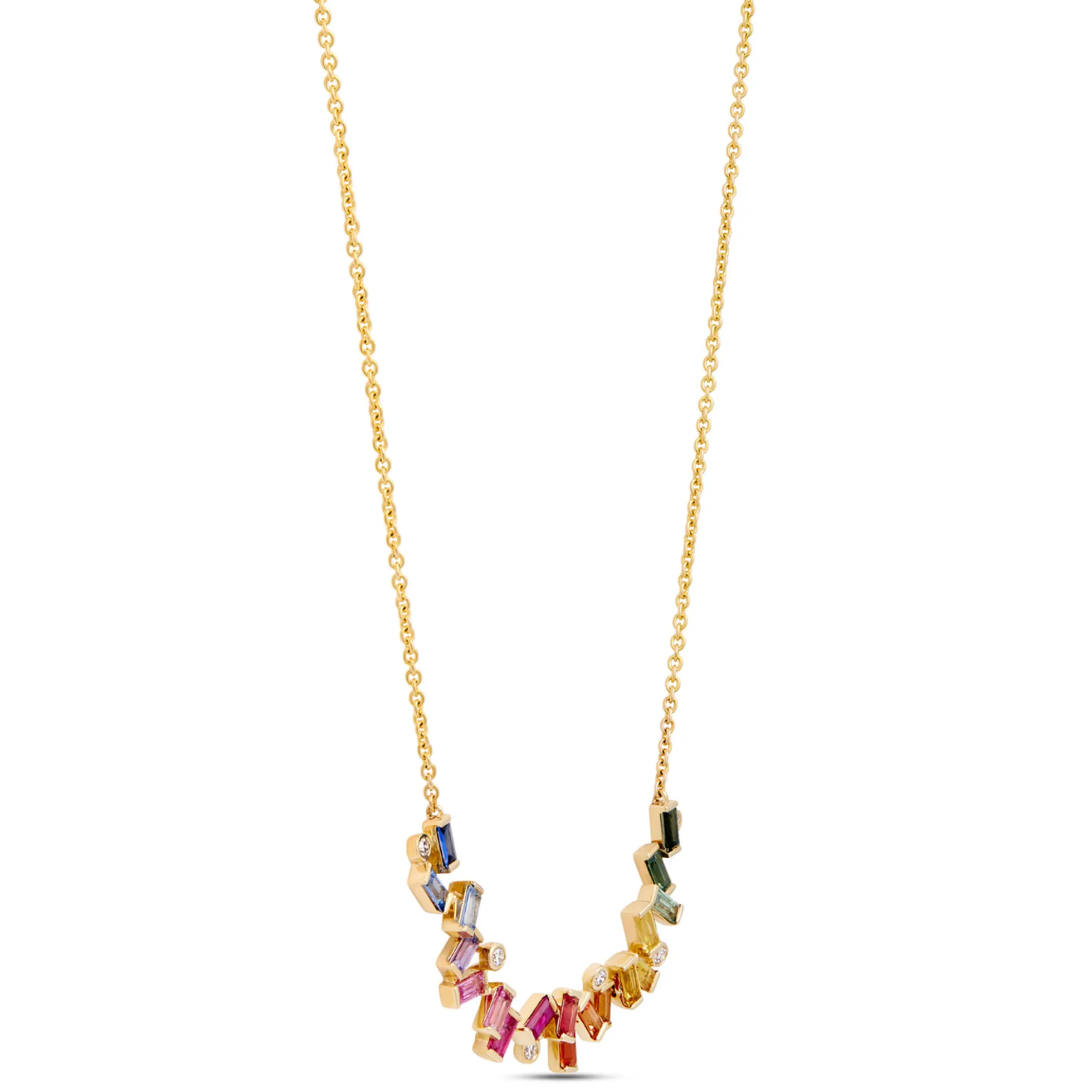 Baguette Rainbow Sapphire Necklace, 14K Yellow Gold