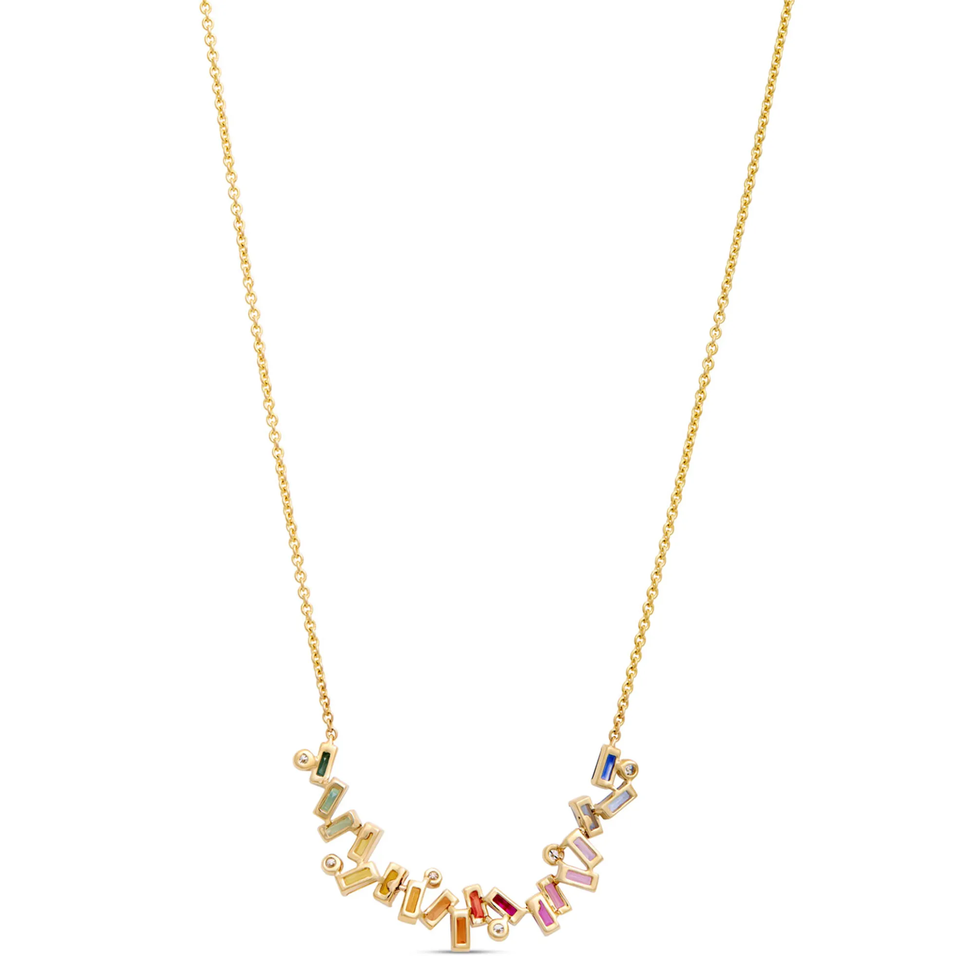 Baguette Rainbow Sapphire Necklace, 14K Yellow Gold