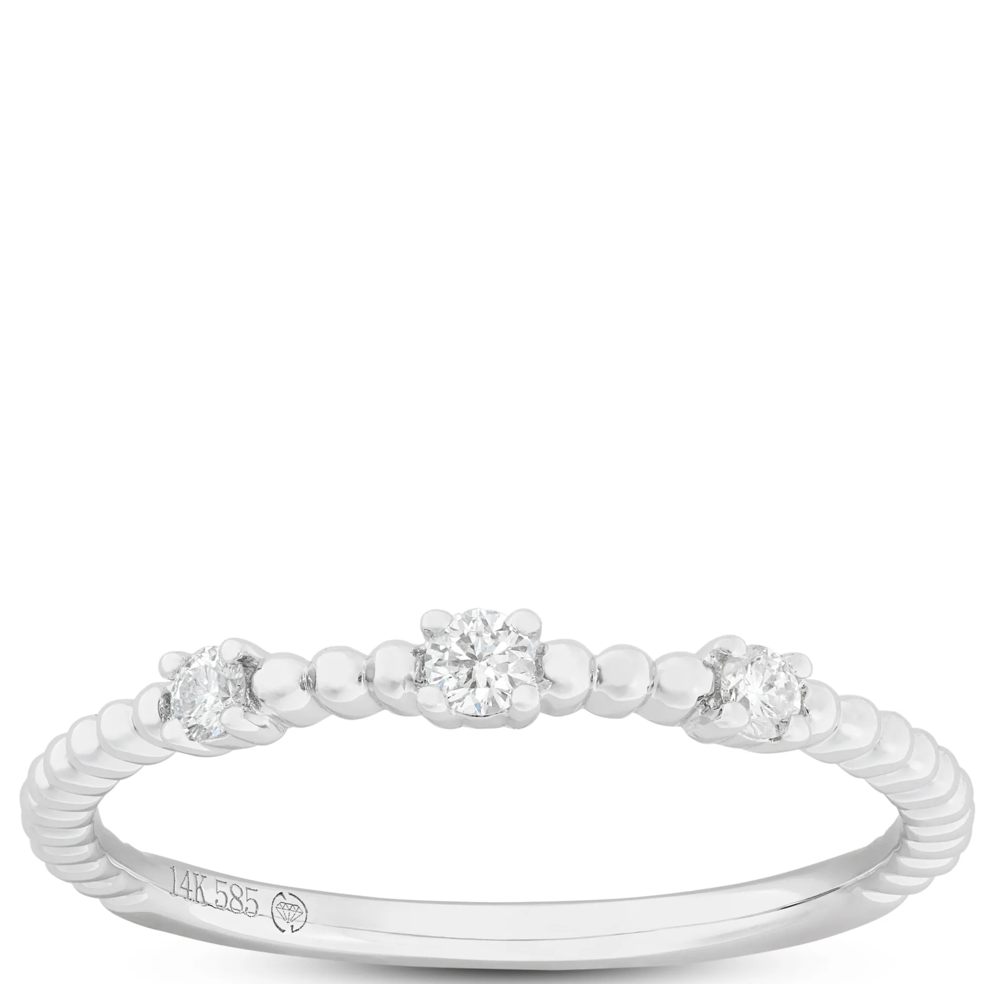 Beaded Three Diamond Band, 14K White Gold