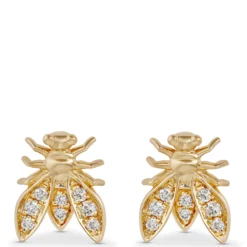 Bee Shaped Diamond Cluster Earrings, 14K Yellow Gold