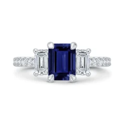 Bella Ponte 3-Stone Emerald Cut Sapphire and Diamond Engagement Ring, 14K White Gold
