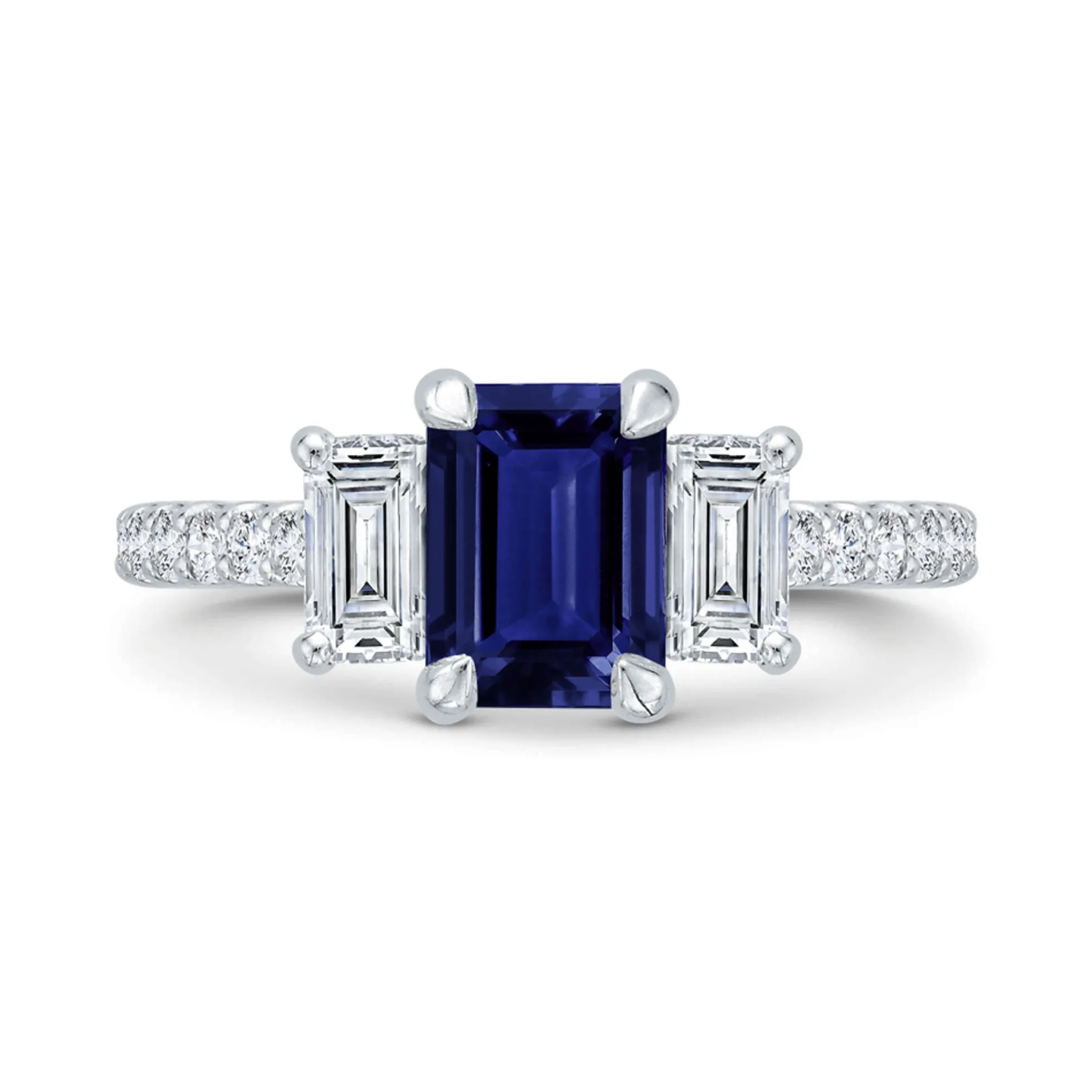 Bella Ponte 3-Stone Emerald Cut Sapphire and Diamond Engagement Ring, 14K White Gold