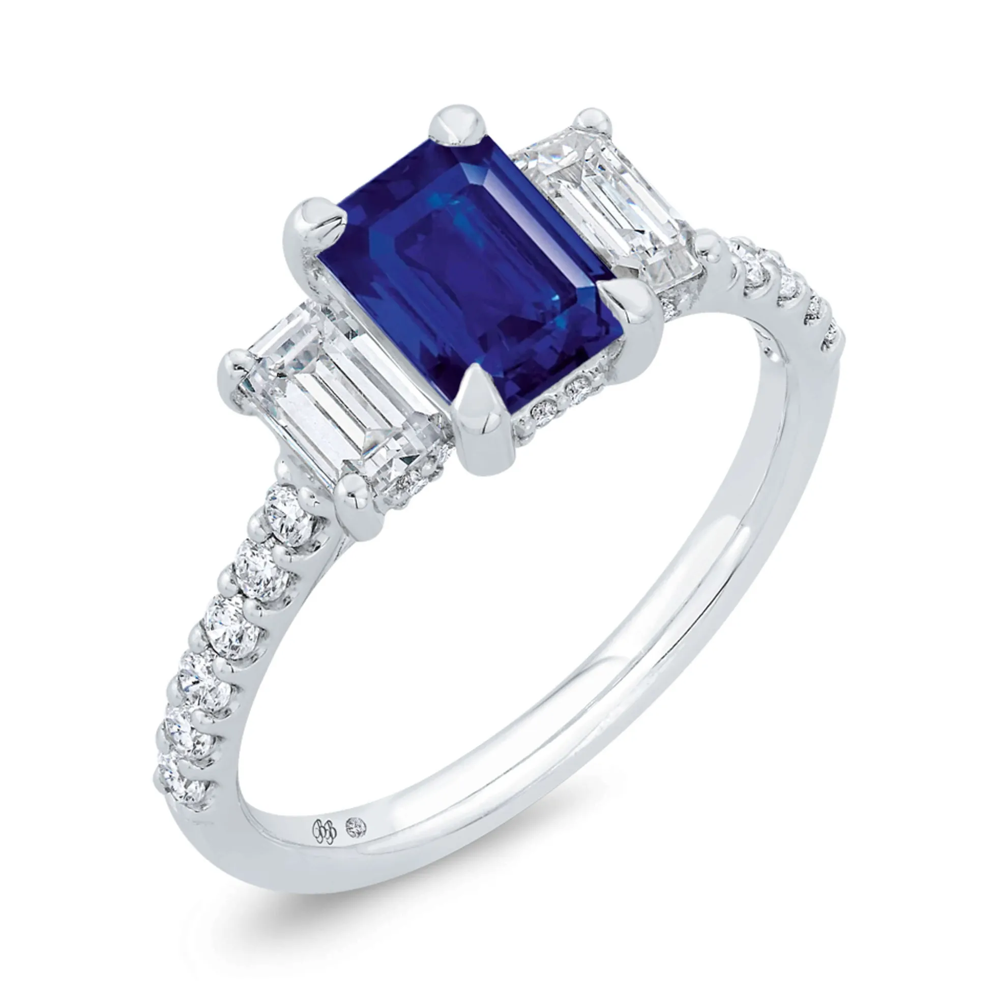 Bella Ponte 3-Stone Emerald Cut Sapphire and Diamond Engagement Ring, 14K White Gold