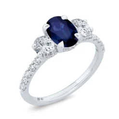 Bella Ponte 3-Stone Oval Cut Sapphire and Diamond Engagement Ring, 14K White Gold