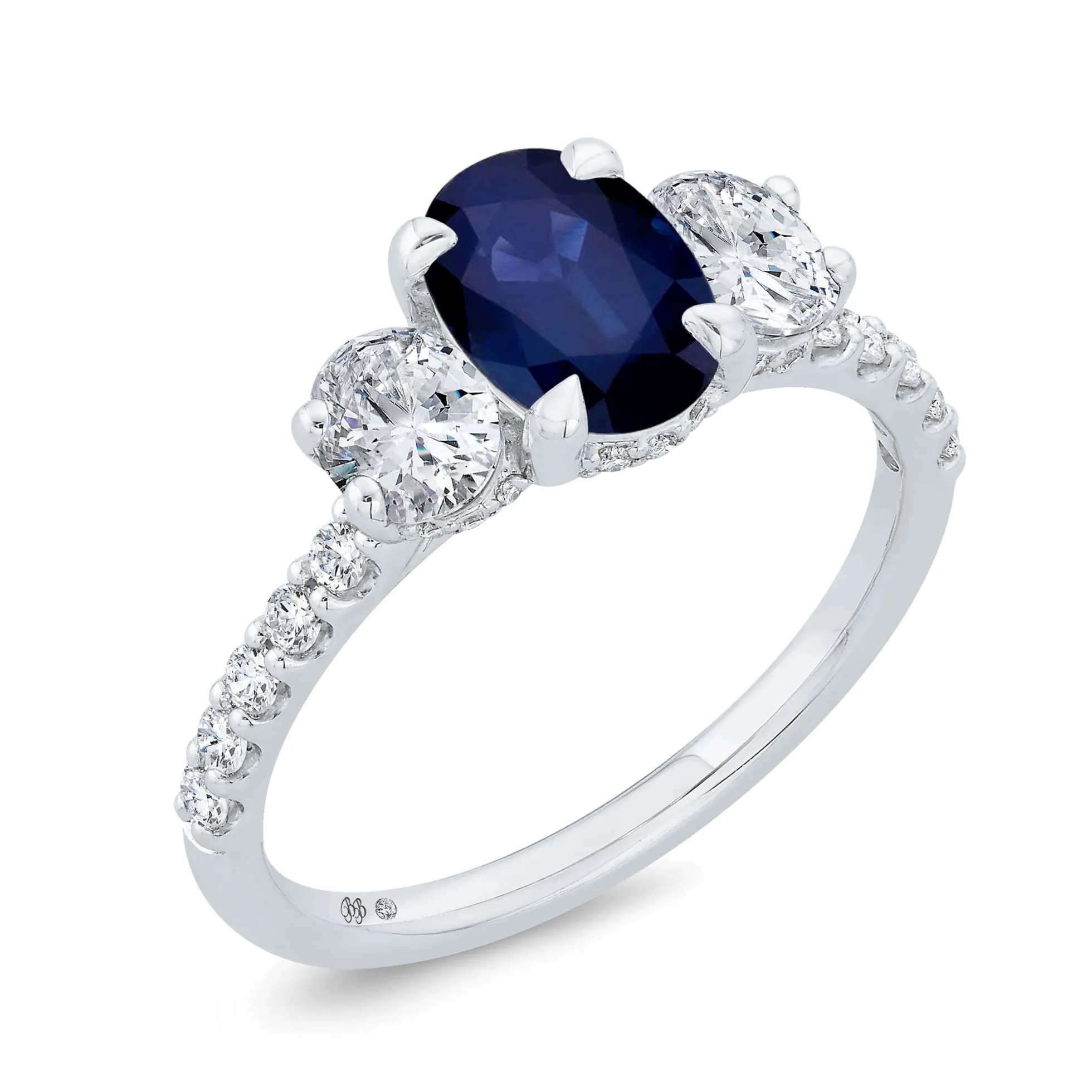 Bella Ponte 3-Stone Oval Cut Sapphire and Diamond Engagement Ring, 14K White Gold