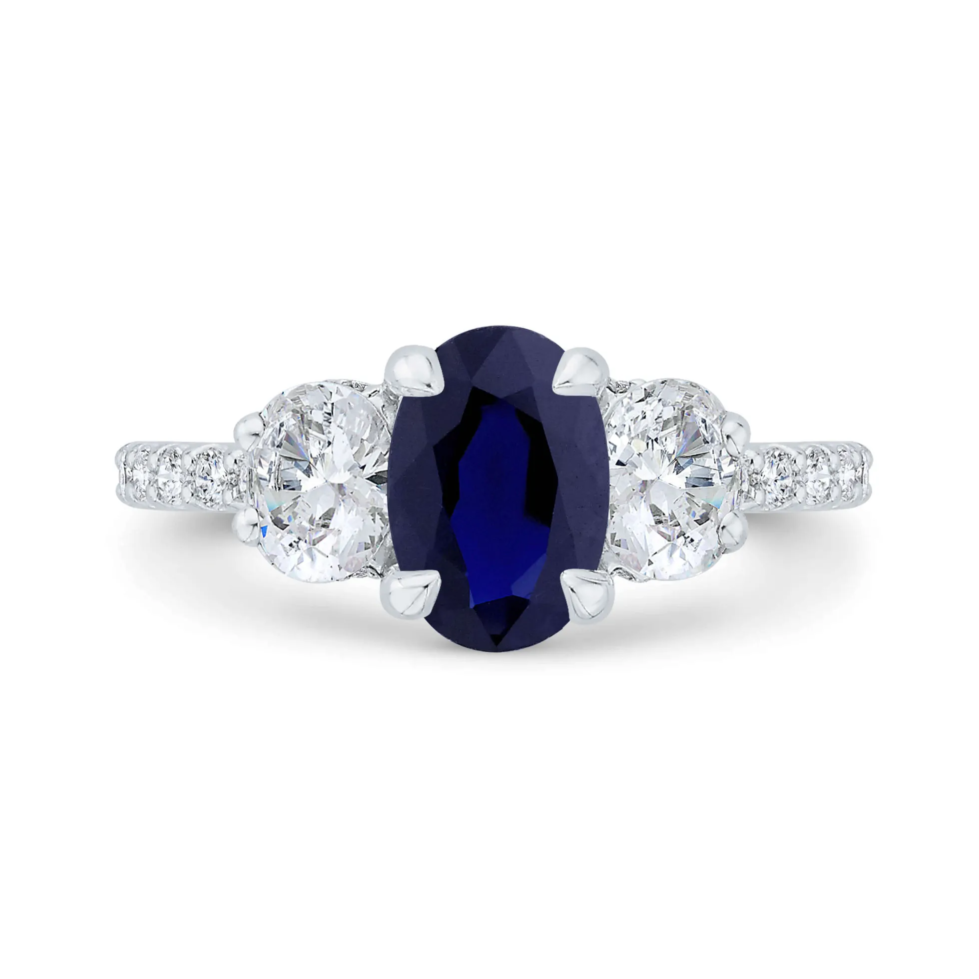 Bella Ponte 3-Stone Oval Cut Sapphire and Diamond Engagement Ring, 14K White Gold