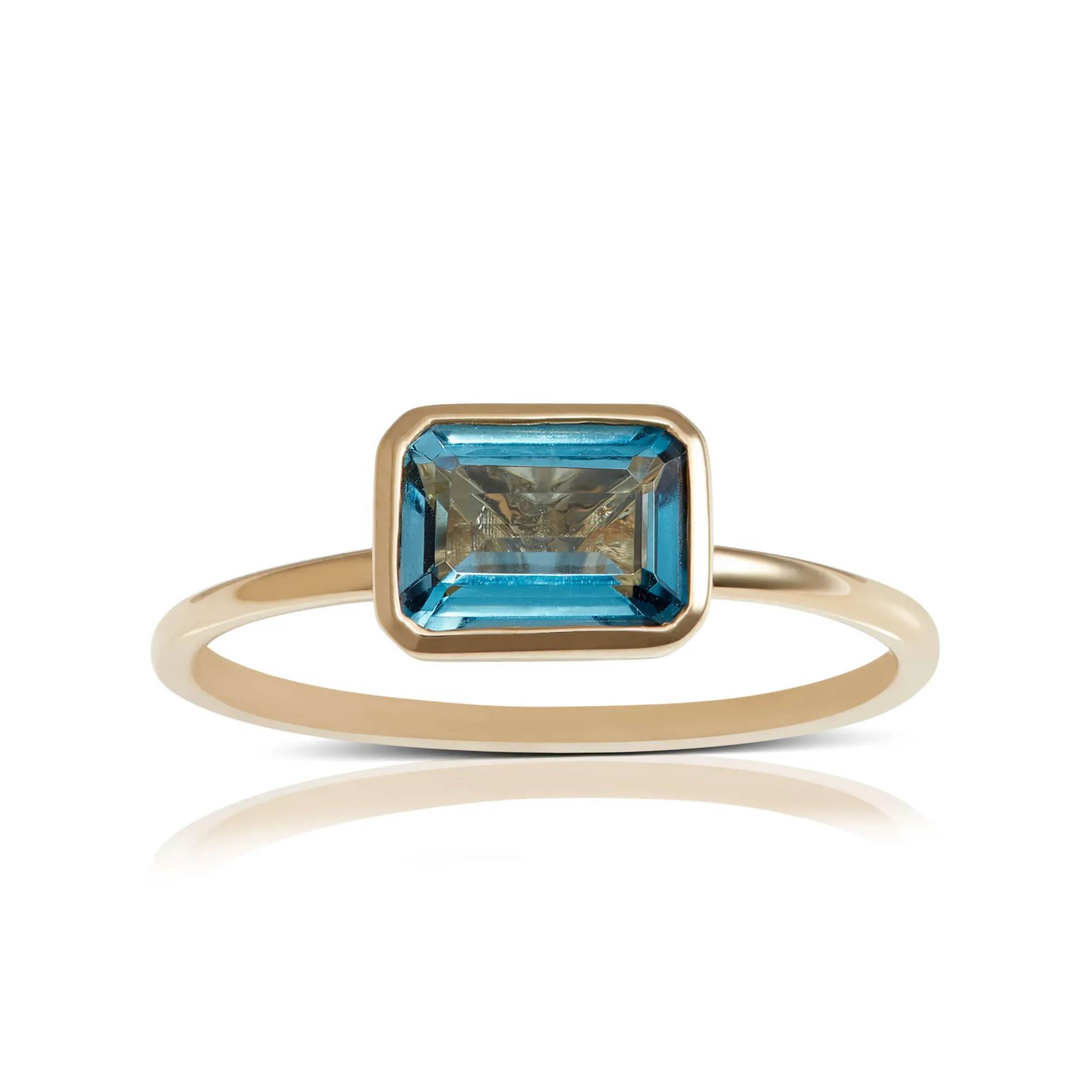 Bezel Set Emerald Cut Blue Topaz Ring 14K