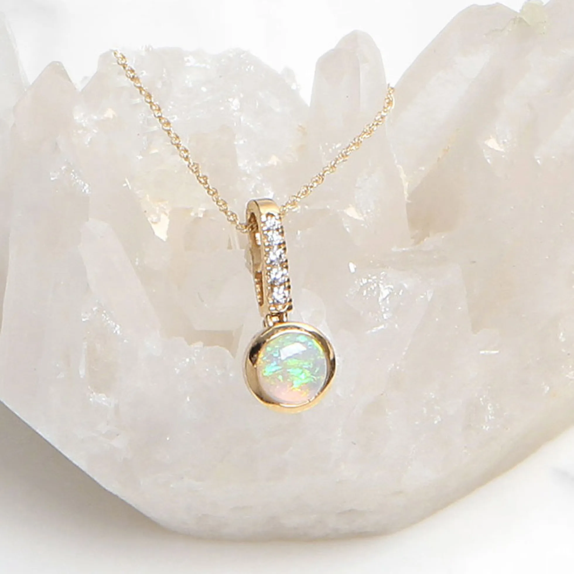Bezel Set Opal & Diamond Necklace 14K