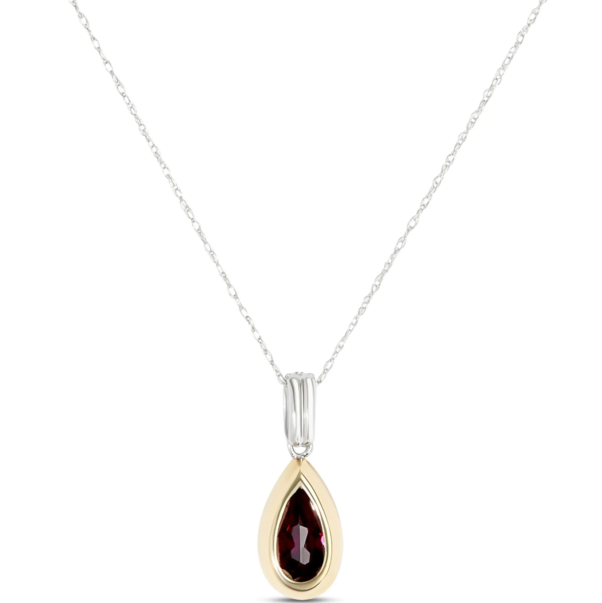 Bezel Set Pear Shaped Rhodolite Pendant, 14K White and Yellow Gold