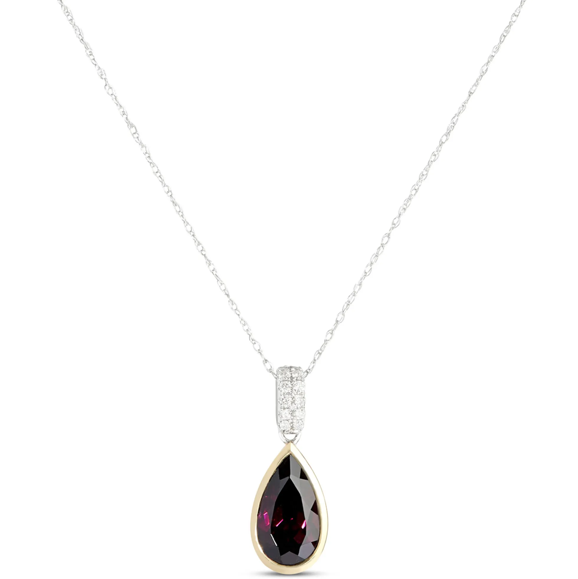 Bezel Set Pear Shaped Rhodolite Pendant, 14K White and Yellow Gold