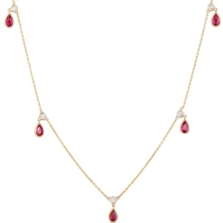 Bezel Set Pear Shaped Ruby Drops Necklace, 14K Yellow Gold