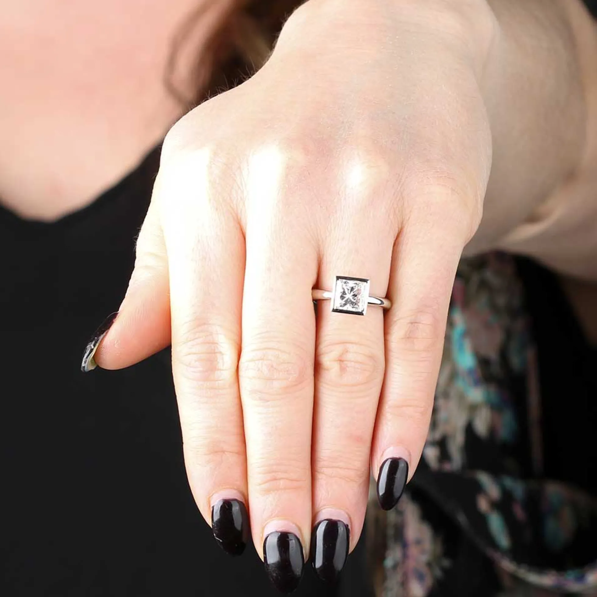 Bezel Set Princess Cut Diamond Ring in Platinum, 2.14 ct. Center