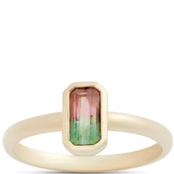 Bi-Colored Emerald Cut Tourmaline Ring, 14K Yellow Gold