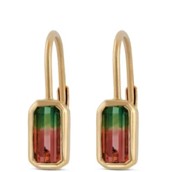 Bi-Color Tourmaline Leverback Earrings, 14K Yellow Gold