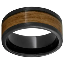 Black Ceramic™ Band with Barrel Aged™ Wood Inlay & Stone Finish