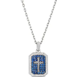 Blue Sapphire and Diamond Dog Tag Necklace, 18K White Gold