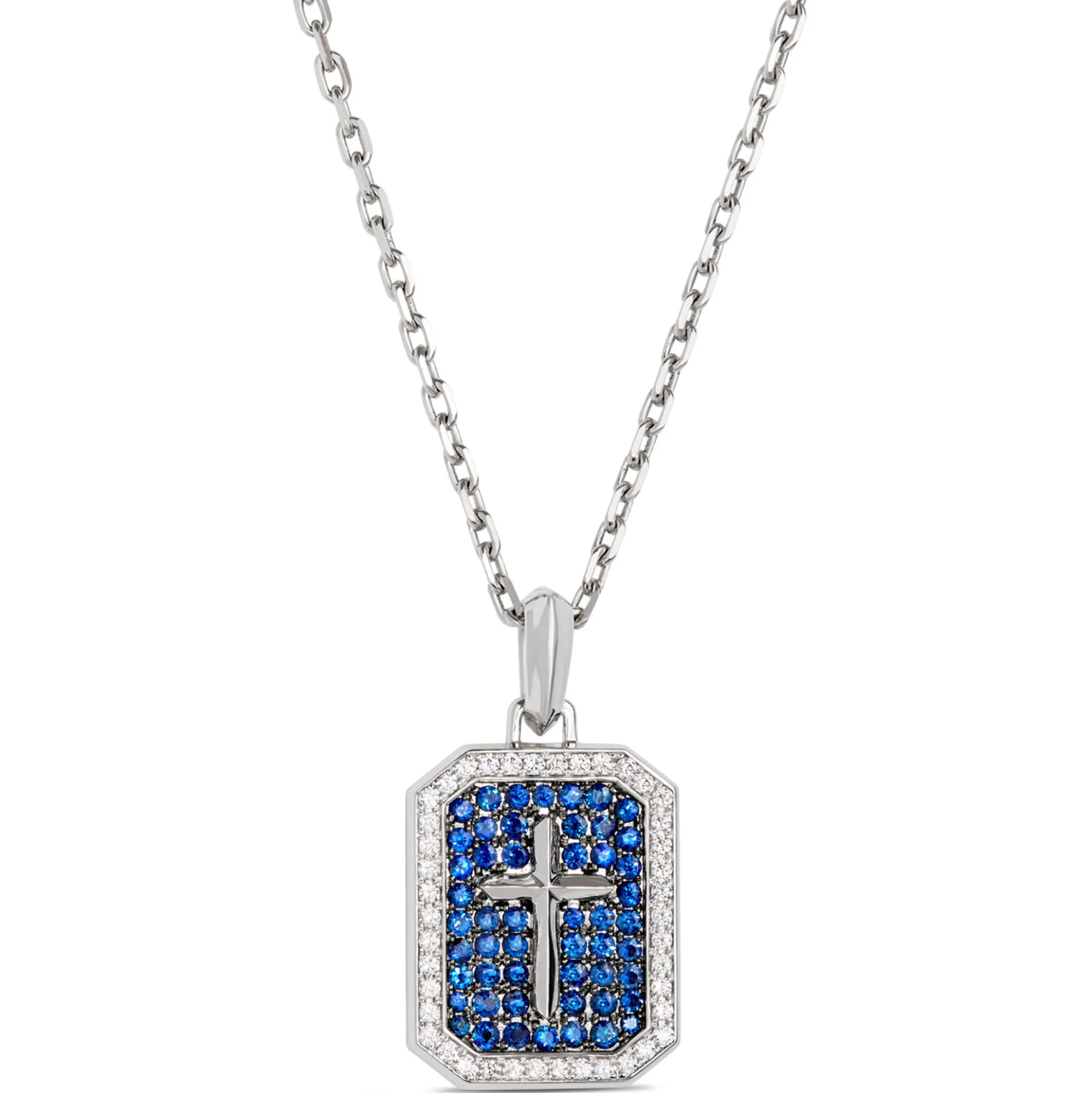 Blue Sapphire and Diamond Dog Tag Necklace, 18K White Gold