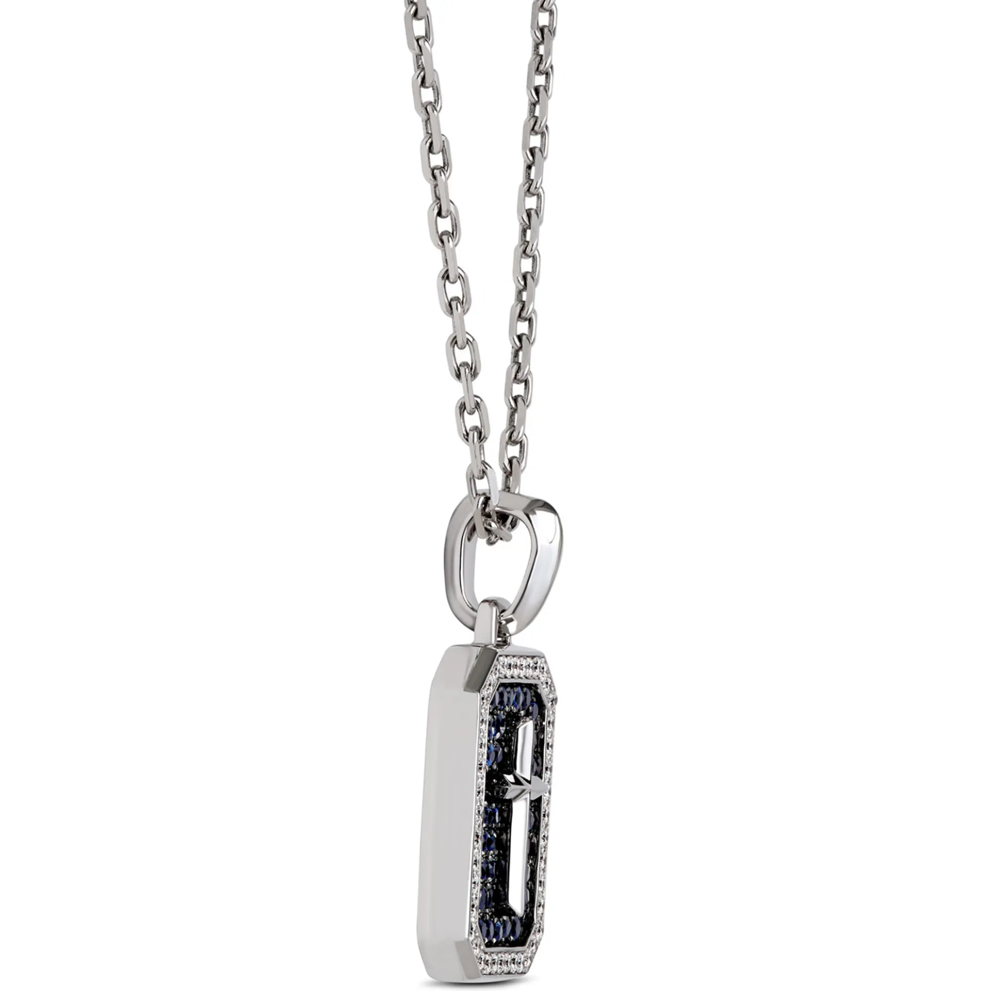Blue Sapphire and Diamond Dog Tag Necklace, 18K White Gold