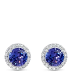 Blue Tanzanite and Diamond Halo Studs, 14K White Gold