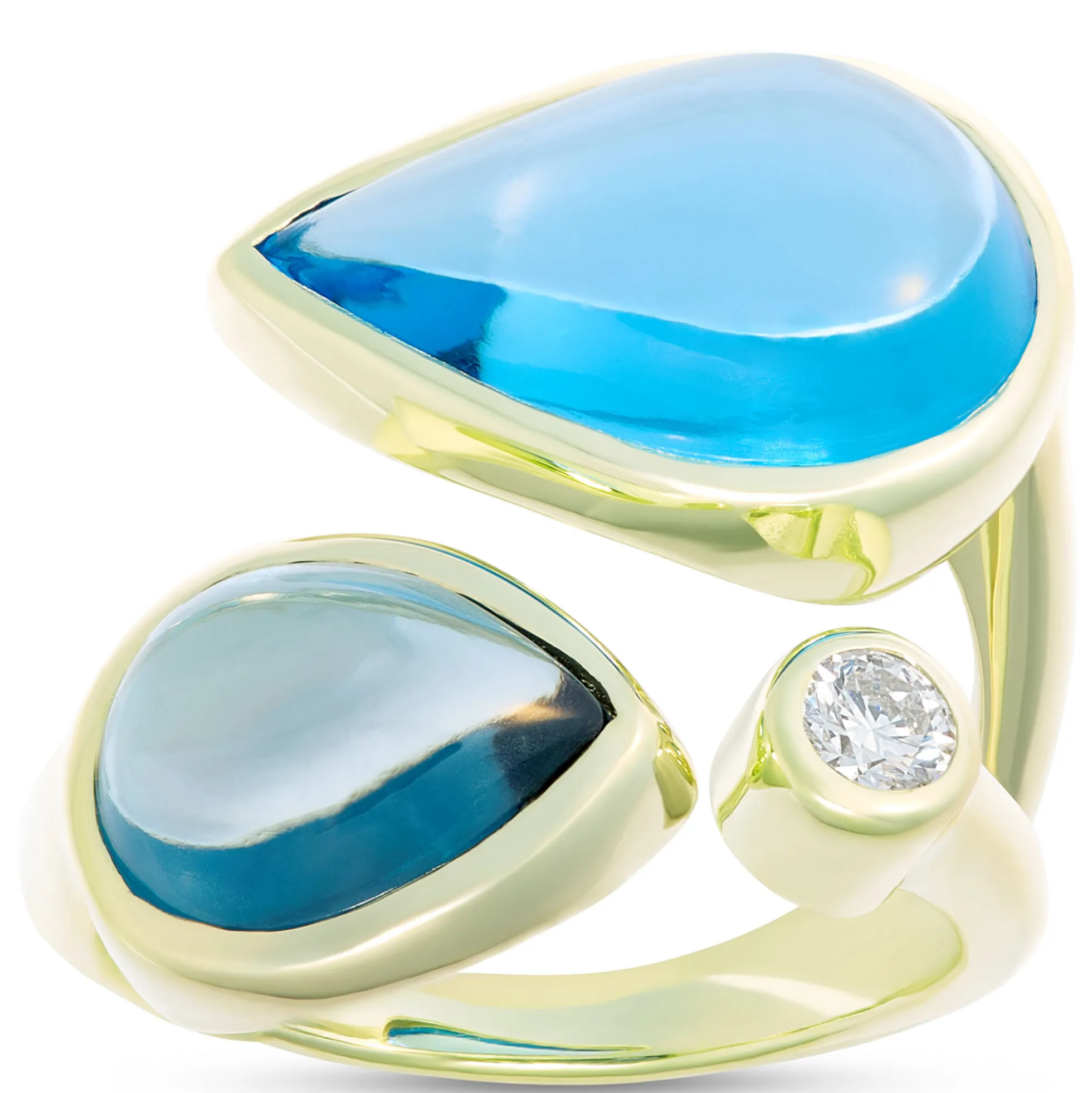 Cabochon Ring with Pear Shaped Blue Topaz Gemstones and Bezel Set Diamond, 14K Yellow Gold