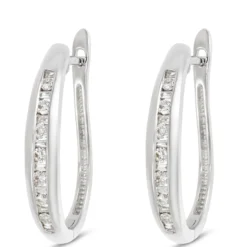 Channel Set Baguette and Round Diamond Hoops, 14K White Gold