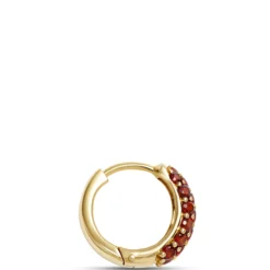 Classic Hoop Earrings With Pave Round Garnet Gemstones, 14K Yellow Gold