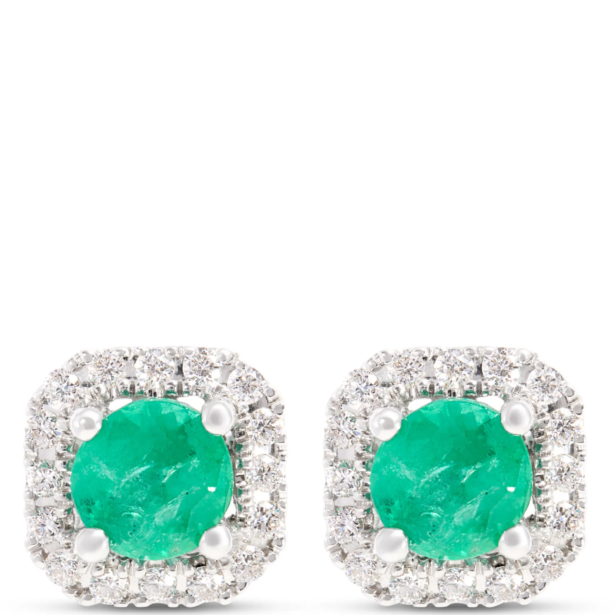 Classic Round Emerald Stud swith Diamond Halo, ⅕ Carat Total Weight, 14K White Gold