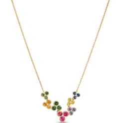 Classic Round Rainbow Sapphire Clusters Necklace, 14K Yellow Gold