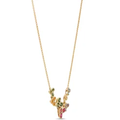 Classic Round Rainbow Sapphire Clusters Necklace, 14K Yellow Gold