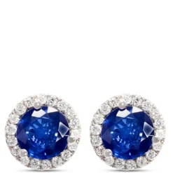 Classic Round Sapphire and Diamond Halo Studs, 14K White Gold