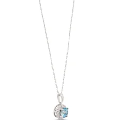 Classic Round Sapphire Diamond Halo Necklace, 1/10 Total Carat Weight, 14K White Gold