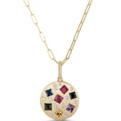 Confetti Rainbow Sapphire and Diamond Pendant, 14K Yellow Gold