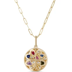 Confetti Rainbow Sapphire and Diamond Pendant, 14K Yellow Gold