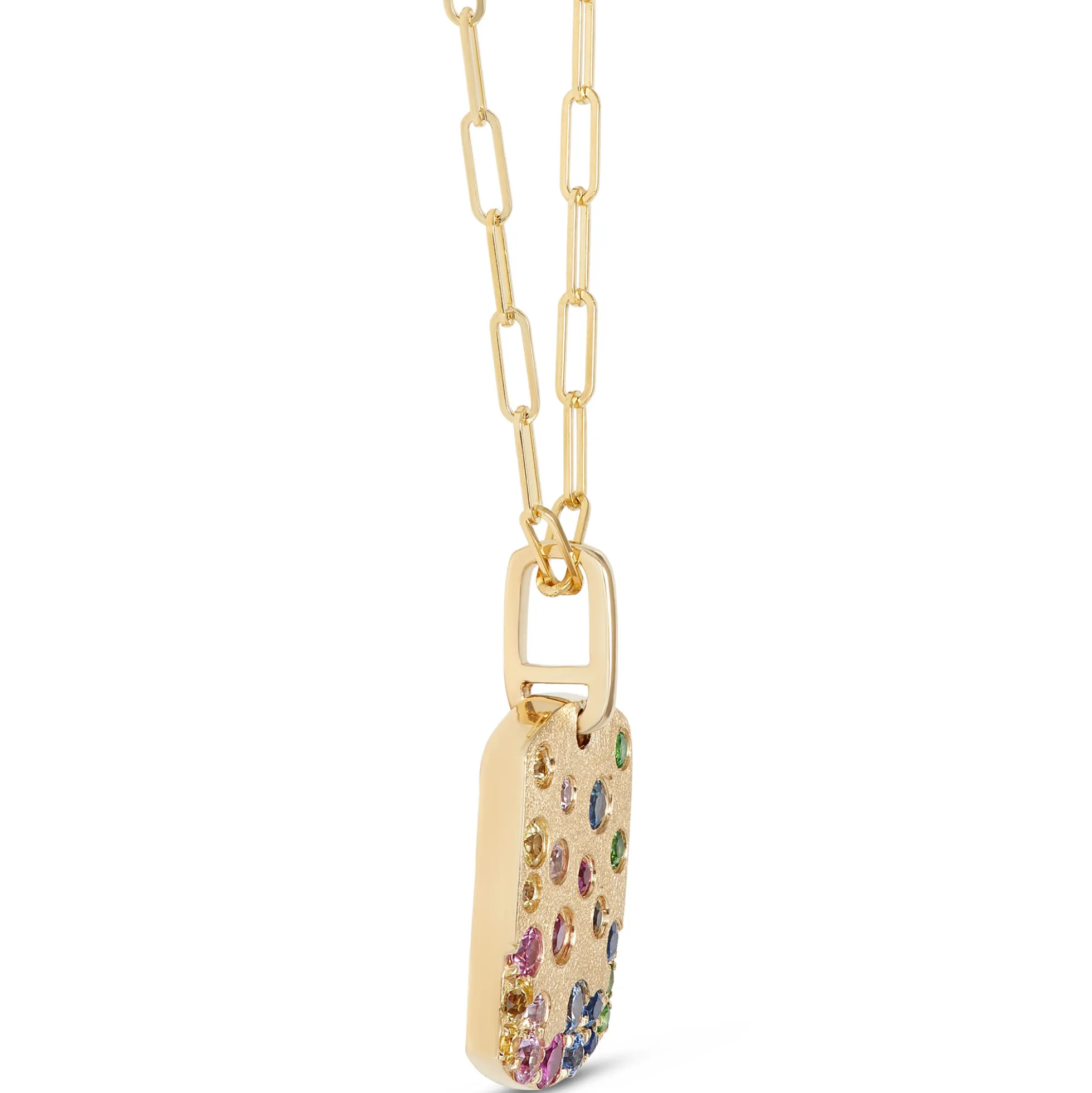 Confetti Sapphire and Tsavorite Dogtag Pendant, 14K Yellow Gold