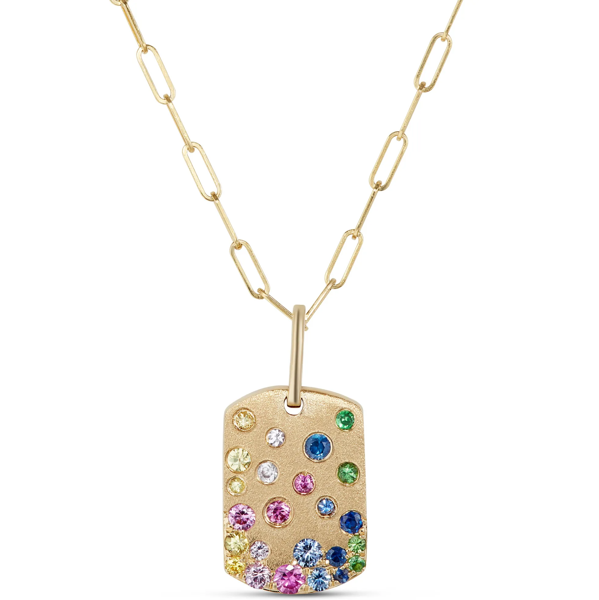 Confetti Sapphire and Tsavorite Dogtag Pendant, 14K Yellow Gold