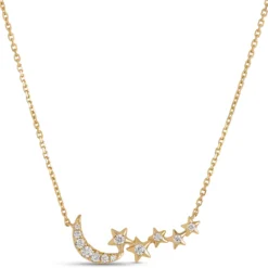Crescent Moon and Stars Diamond Pendant, 14K Yellow Gold