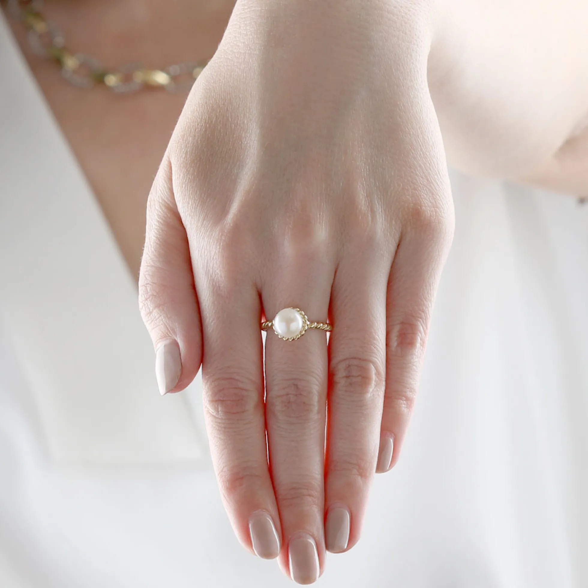 Cultured Freshwater Button Pearl Rope Ring 14K