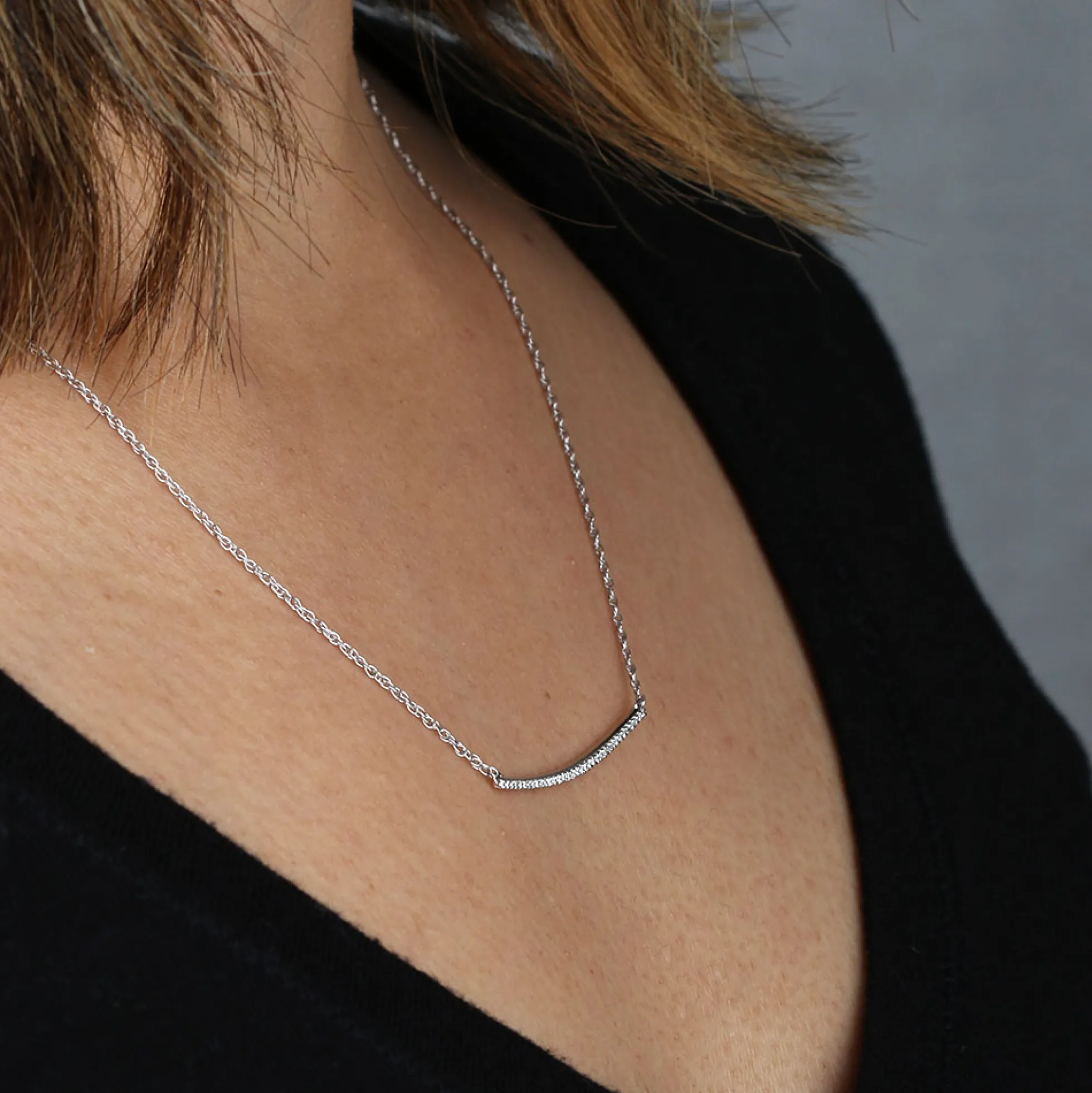 Curved Diamond Bar Necklace 14K