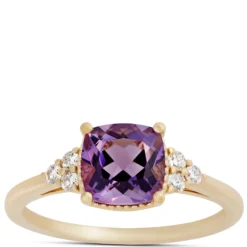 Cushion Amethyst and Diamond Ring, 14K Yellow Gold