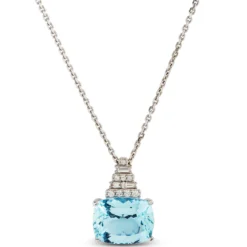 Cushion Aquamarine & Diamond Pyramid Necklace 14K