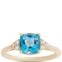 Cushion Cut Blue Topaz and Diamond Ring, 14K Yellow Gold