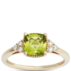 Cushion Cut Peridot and Diamond Ring, 14K Yellow Gold